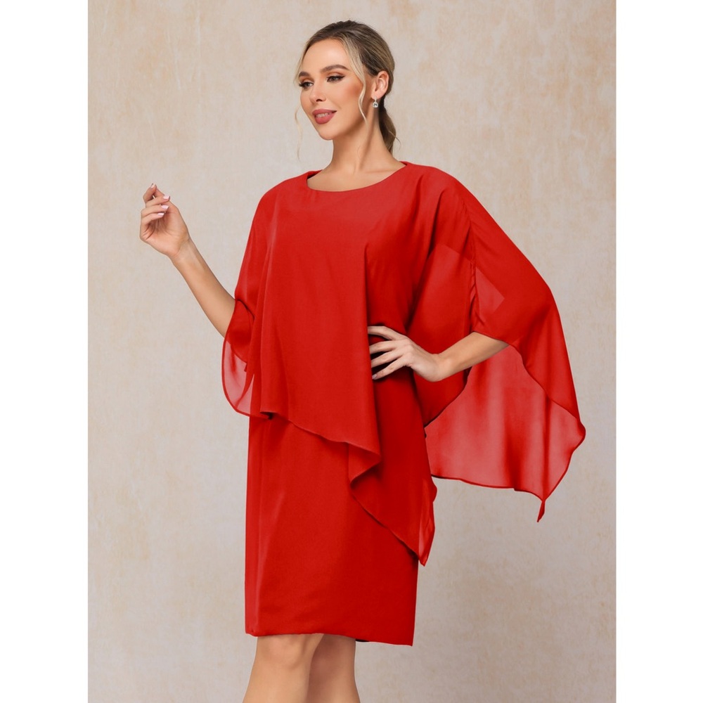 NWT Hanna Nikole Red Chiffon Cape Cover Drape Cowl Pencil Modest Midi Dress M